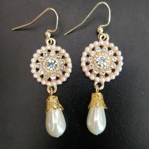 Goldtone rhinestone & ivory faux pearl earrings